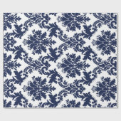 ネイビーブルーとホワイトのヴィンテージフローラダマスク ラッピングペーパー (フラット)