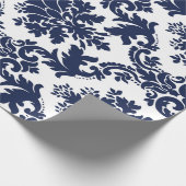 ネイビーブルーとホワイトのヴィンテージフローラダマスク ラッピングペーパー (角)