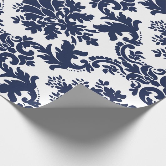 ネイビーブルーとホワイトのヴィンテージフローラダマスク ラッピングペーパー (角)