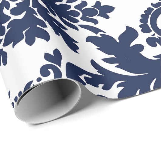 ネイビーブルーとホワイトのヴィンテージフローラダマスク ラッピングペーパー (ロールコーナー)