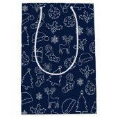 ネイビーブルーとホワイトの冬のクリスマスパターン ミディアムペーパーバッグ (正面)