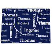 ネイビーブルーとホワイトの名前を付けカスタムる ラージペーパーバッグ (正面)