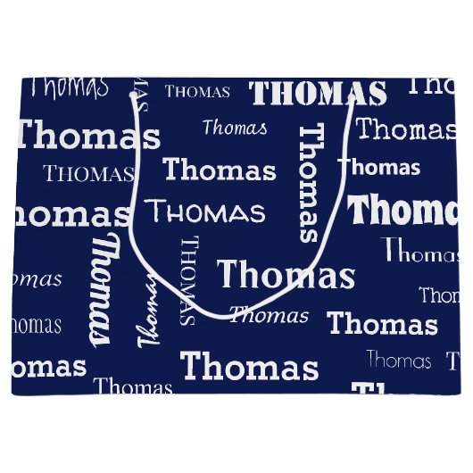 ネイビーブルーとホワイトの名前を付けカスタムる ラージペーパーバッグ (正面)