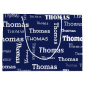 ネイビーブルーとホワイトの名前を付けカスタムる ラージペーパーバッグ (裏面)