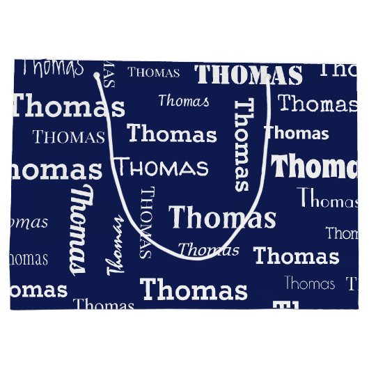 ネイビーブルーとホワイトの名前を付けカスタムる ラージペーパーバッグ (裏面)