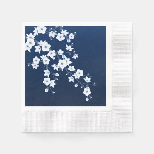 ネイビーブルーとホワイトの桜花柄 縁ありカクテルナプキン (正面)