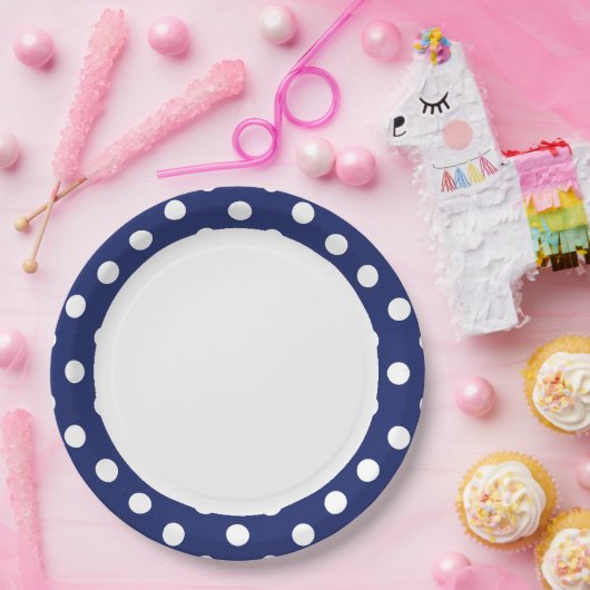 ネイビーブルーとホワイトの水玉模様パターン ペーパープレート (パーティー)