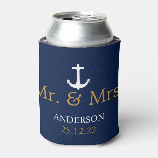 ネイビーブルーとホワイトの航海アンカー結婚式 缶クーラー (缶正面)