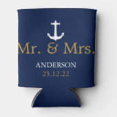 ネイビーブルーとホワイトの航海アンカー結婚式 缶クーラー (正面)