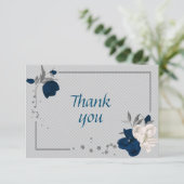 ネイビーブルーとホワイトの花グレ葉イ植物学属 サンキューカード (スタンド正面)