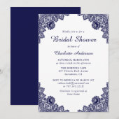 ネイビーブルーとホワイトの花柄 ブライダルシャワー 招待状 (正面/裏面)
