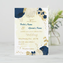 ネイビーブルーとホワイトの花金ゴールド結婚