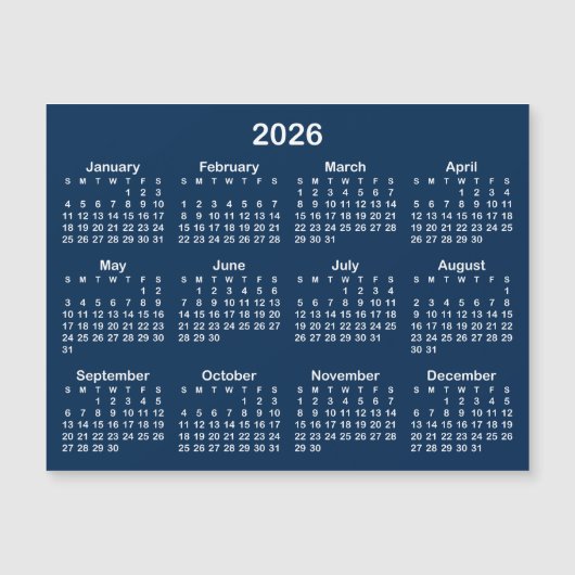 ネイビーブルーとホワイトの2026年マグネットカレンダー (正面)