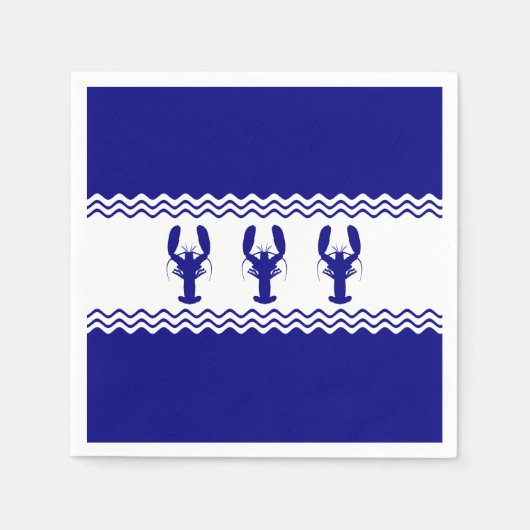 ネイビーブルーとホワイトの3つの沿岸ロブスター スタンダードカクテルナプキン (正面)
