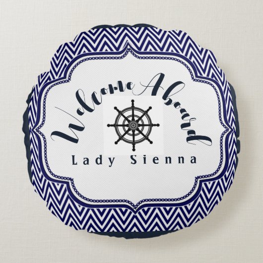 ネイビーブルーとホワイトをカスタマイズして船舶用ホイールを装備 ラウンドクッション (正面)