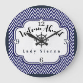 ネイビーブルーとホワイトをカスタマイズして船舶用ホイールを装備 ラージ壁時計 (正面)