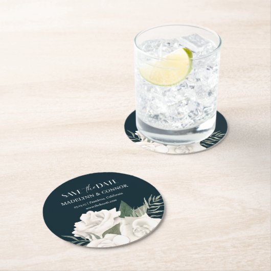 ネイビーブルーとホワイトウェディングの日付ラウンドを保存 ラウンドペーパーコースター (インサイチュ)