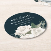 ネイビーブルーとホワイトウェディングの日付ラウンドを保存 ラウンドペーパーコースター (アングル)