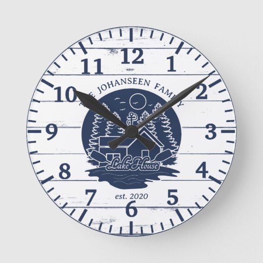ネイビーブルーとホワイトウッド素朴ファミリーレイクハウス ラウンド壁時計 (正面)