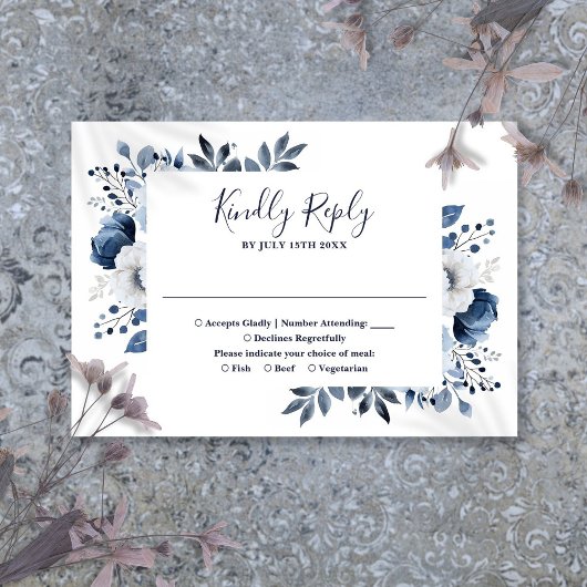ネイビーブルーとホワイトエレガントフローラ結婚ズ 出欠カード