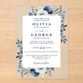 ネイビーブルーとホワイトエレガントモダンフローラ結婚ズ アクリル招待状 (正面)