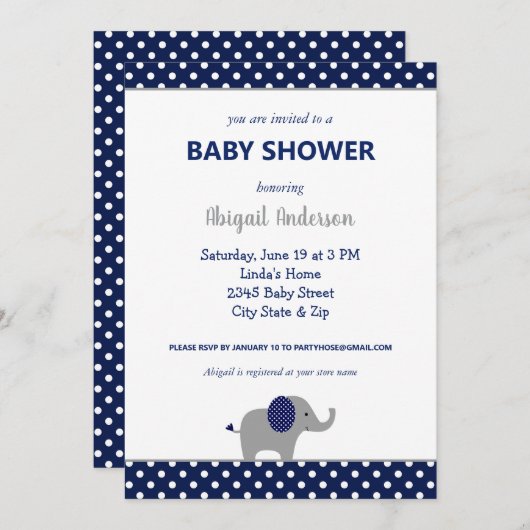 ネイビーブルーとホワイトエレファント水玉模様ベビーシャワー 招待状 (正面/裏面)