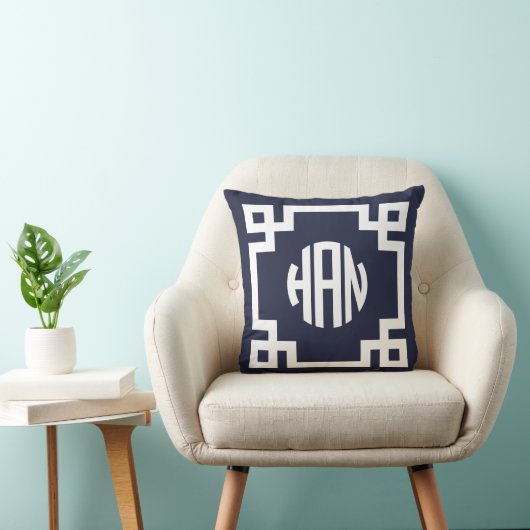 ネイビーブルーとホワイトギリシャ鍵サークルモノグラムHAN クッション (椅子)