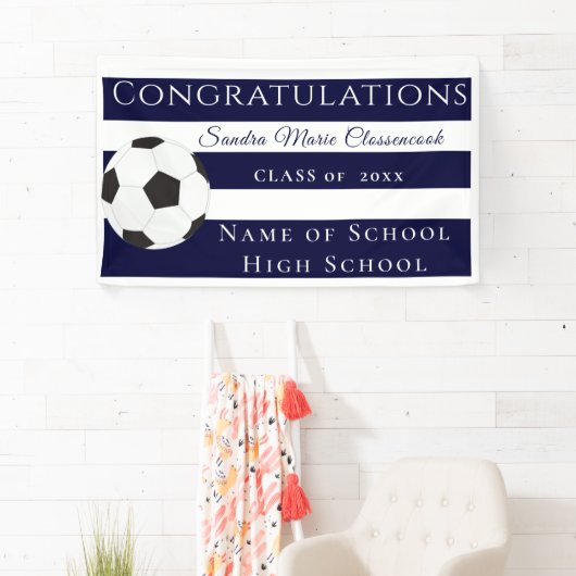 ネイビーブルーとホワイトサッカーストライプのの大学院バナー 横断幕 (インサイチュ)