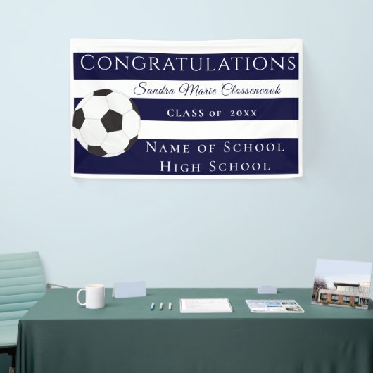 ネイビーブルーとホワイトサッカーストライプのの大学院バナー 横断幕 (トレードショー)