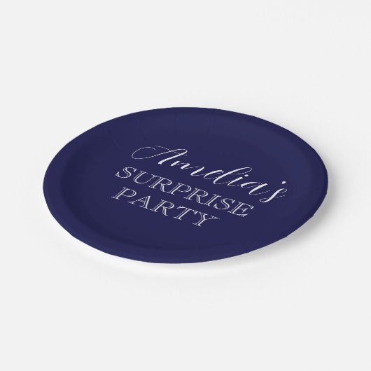 ネイビーブルーとホワイトサプライズ誕生日パーティー ペーパープレート (アングル)
