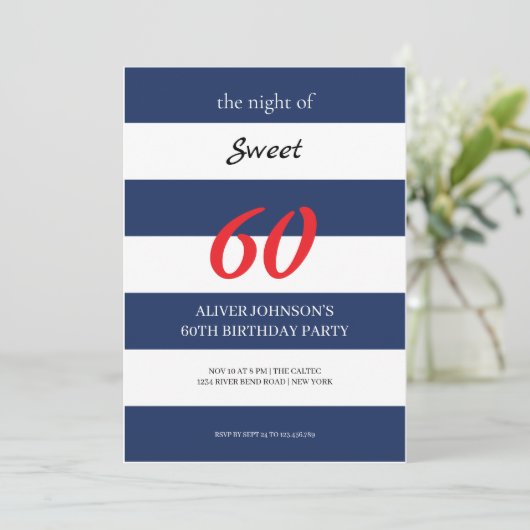 ネイビーブルーとホワイトスウィート60歳の誕生日招待状 招待状 (スタンド正面)