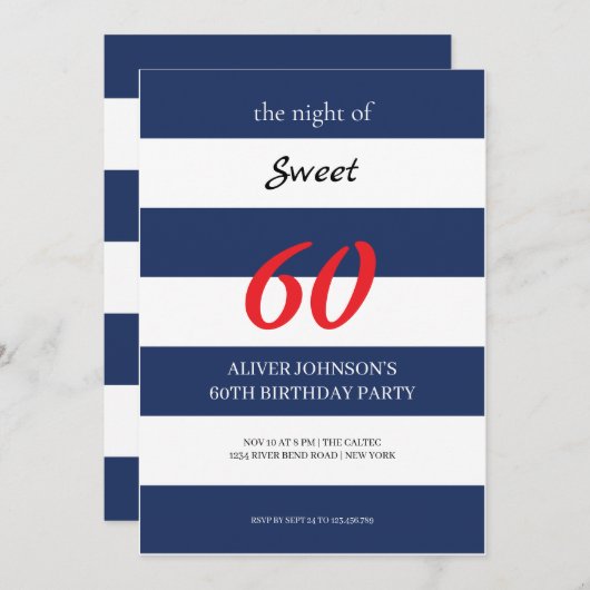 ネイビーブルーとホワイトスウィート60歳の誕生日招待状 招待状 (正面/裏面)