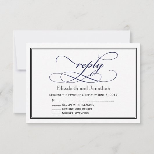 ネイビーブルーとホワイトスク結婚リプライカード 招待状 (正面)