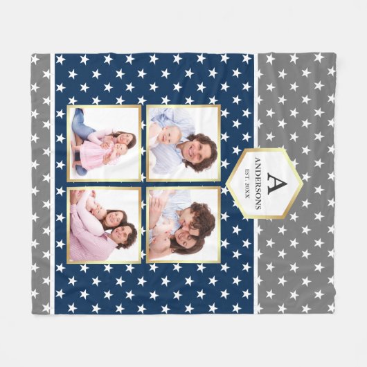ネイビーブルーとホワイトスターズのパターン写真コラージュ フリースブランケット (正面(横))