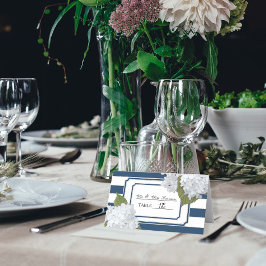 ネイビーブルーとホワイトストライプのアジサイフローラアート プレイスカード