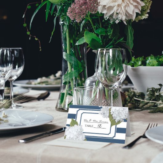 ネイビーブルーとホワイトストライプのアジサイフローラアート プレイスカード