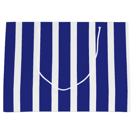 ネイビーブルーとホワイトストライプのパターン ラージペーパーバッグ (正面)