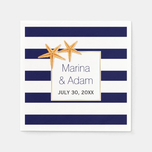 ネイビーブルーとホワイトストライプアズの結婚ヒトデ スタンダードカクテルナプキン (正面)