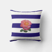 ネイビーブルーとホワイトスローストライプのピルにピンクのバラ クッション (裏面)