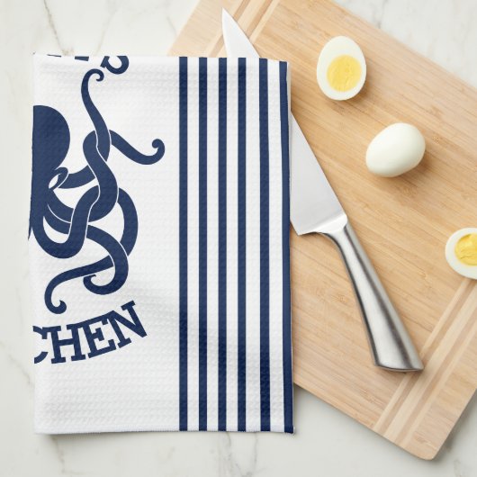 ネイビーブルーとホワイトタコとストライプタコの組み合わせ キッチンタオル (四つ折り)