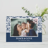 ネイビーブルーとホワイトダマスクのクリスマスフォト シーズンカード (スタンド正面)