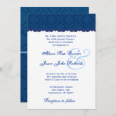 ネイビーブルーとホワイトダマスクの結婚式V001 招待状 (正面/裏面)