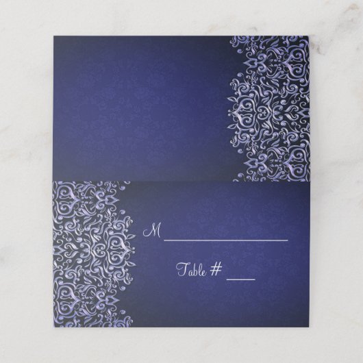 ネイビーブルーとホワイトダマスク冬の結婚式 プレイスカード (外部開封)