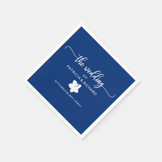 ネイビーブルーとホワイトハイビスカスの目的地の結婚式 スタンダードカクテルナプキン (角)