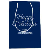 ネイビーブルーとホワイトハッピーホリデーズモノリンスクリプト ミディアムペーパーバッグ (正面)