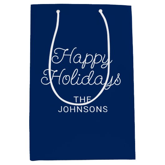 ネイビーブルーとホワイトハッピーホリデーズモノリンスクリプト ミディアムペーパーバッグ (正面)