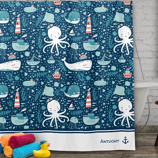 ネイビーブルーとホワイトパター航海のンのボーイバスルーム シャワーカーテン