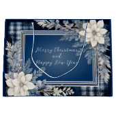 ネイビーブルーとホワイトビューティフルクリスマスフローラ ラージペーパーバッグ (正面)