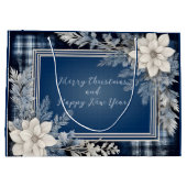 ネイビーブルーとホワイトビューティフルクリスマスフローラ ラージペーパーバッグ (裏面)