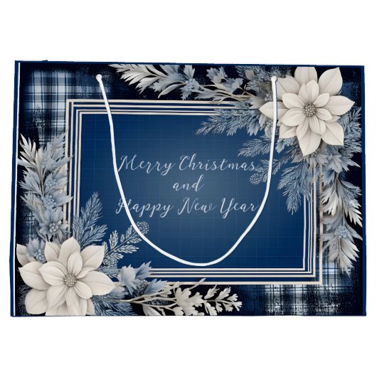 ネイビーブルーとホワイトビューティフルクリスマスフローラ ラージペーパーバッグ (裏面)